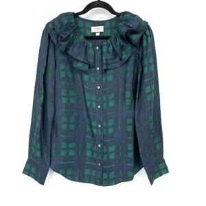 J.Crew Collection Silk Twill Ruffle Collar Top Womens Sz M Green Blue Plaid NEW